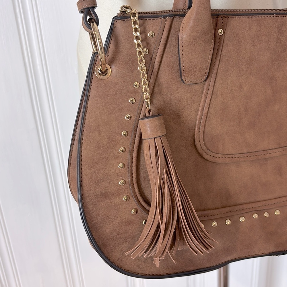 NWOT Faux Suede Satchel-Style Crossbody Handbag with Tassel & Gold Studs - Picture 4 of 7